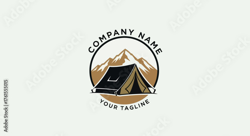 Camping Tent with Mountain Backdrop Logo Design for Outdoor Adventure Company.