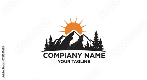 Mountain Peaks with Rising Sun and Evergreen Trees Logo Design.