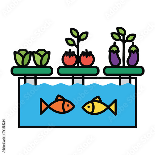 of an aquaponics system with fish and vegetables.