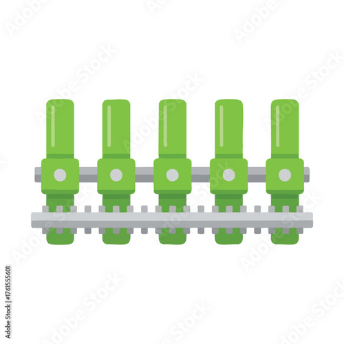 A row of green hedge trimmer blades on a white background.