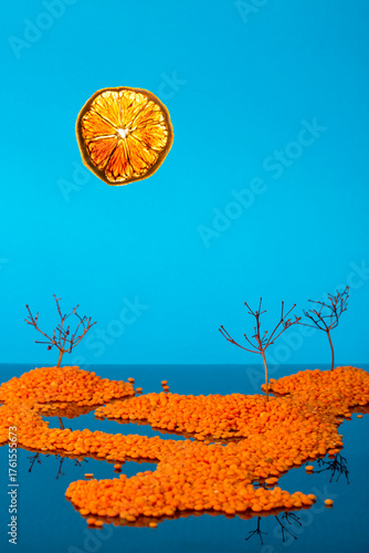 Collage with an island in the sea and the dried up sun. Installation of grains of lentils and twigs of the plant. Indian summer.