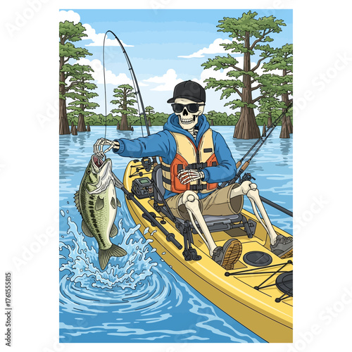 Skeleton in kayak catching a large bass fish with rod and reel in a cypress swamp