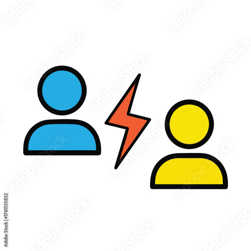 Two abstract people icons facing each other with a lightning bolt between them.
