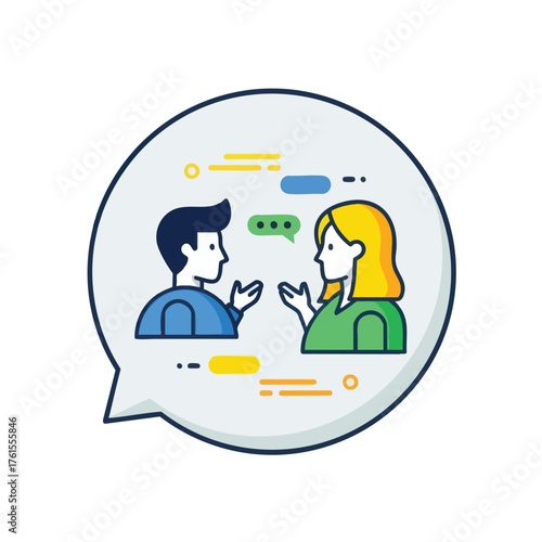 Two people in conversation within a speech bubble, representing communication.