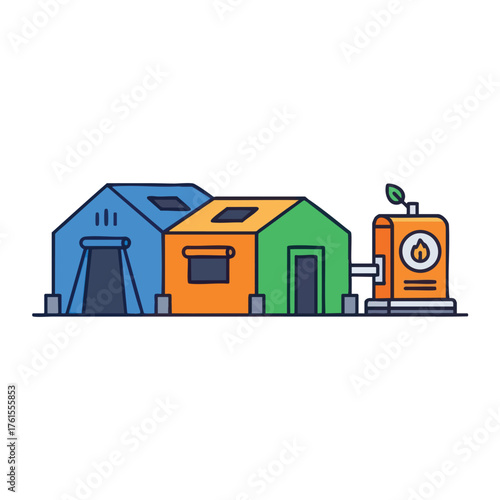 Colorful cartoon of temporary shelters and an energy generator.