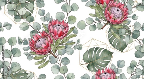Protea and Eucalyptus Watercolor Floral Pattern Design