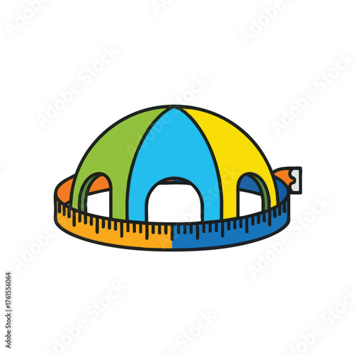 A colorful dome tent with a measuring tape around its base.