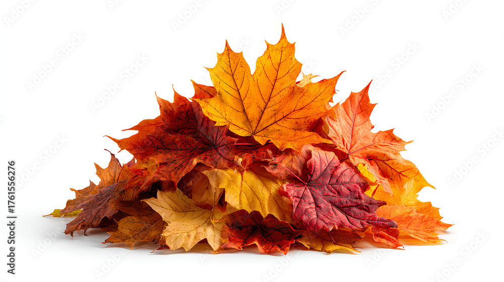 Obraz premium Autumn Maple Leaves Stack. Heap of Colorful Fall Leaves Isolated On White Background