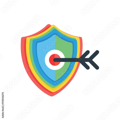 A colorful shield with an arrow hitting its target.