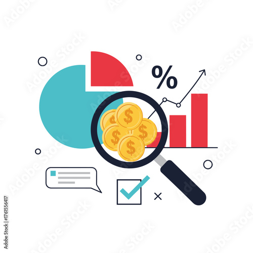 Financial analysis and business growth strategies presented visually with charts and coins.