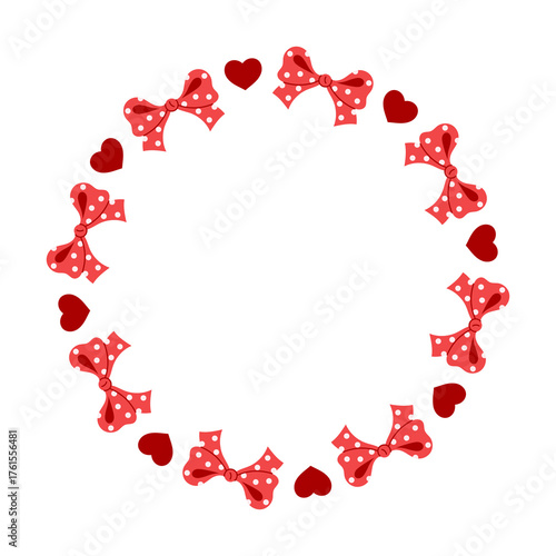 Coquette Bows and Hearts Frame. Cute Round Border with Polka Dot Red Ribbons and Love symbols. Girlish circle wreath for Valentines day cards and Wedding invitations. Vector illustration