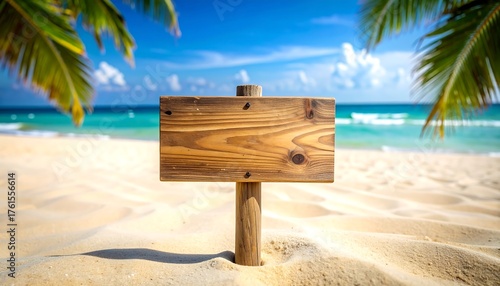 A wooden sign stands on a sandy beach, palm trees frame the view of turquoise water and a clear, blue sky