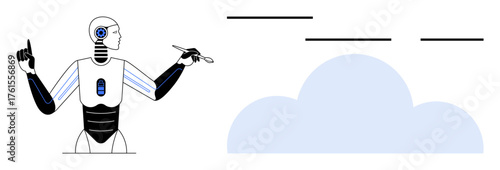 Robot with stylus pointing at cloud, suggesting AI, connectivity, and innovation. Ideal for technology, AI, automation, innovation cloud computing machine learning futuristic design. Simple flat