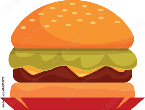 Cartoon style burger with melted cheese, beef patty, fresh lettuce, and sesame seed bun, served on a red tray, representing fast food and american cuisine