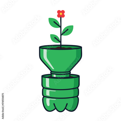A stylized of a plant growing from a recycled plastic bottle.
