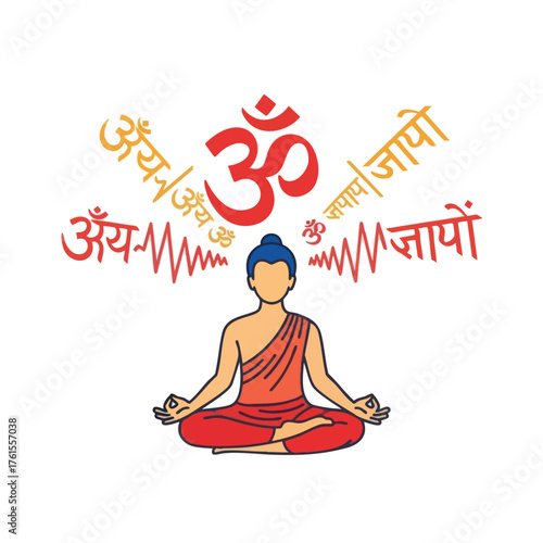 of a meditating Buddha figure surrounded by Om symbols.