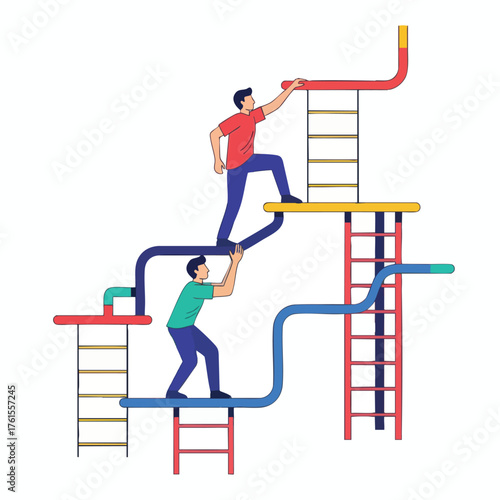 Two people climbing a complex structure, symbolizing teamwork and achieving goals.