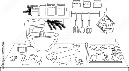 Vector illustration of a kitchen table with all the tools needed to make Christmas cookies. This minimalist black and white graphic is perfect for holiday recipes, blogs, or cookbooks.