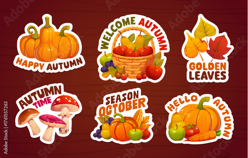 Thanksgiving holiday vector stickers pack or autumn gift tags and product labels with orange pumpkins. Harvest vegetables, juicy fruits anf forest mushrooms with fall quotes for Thanksgiving stickers