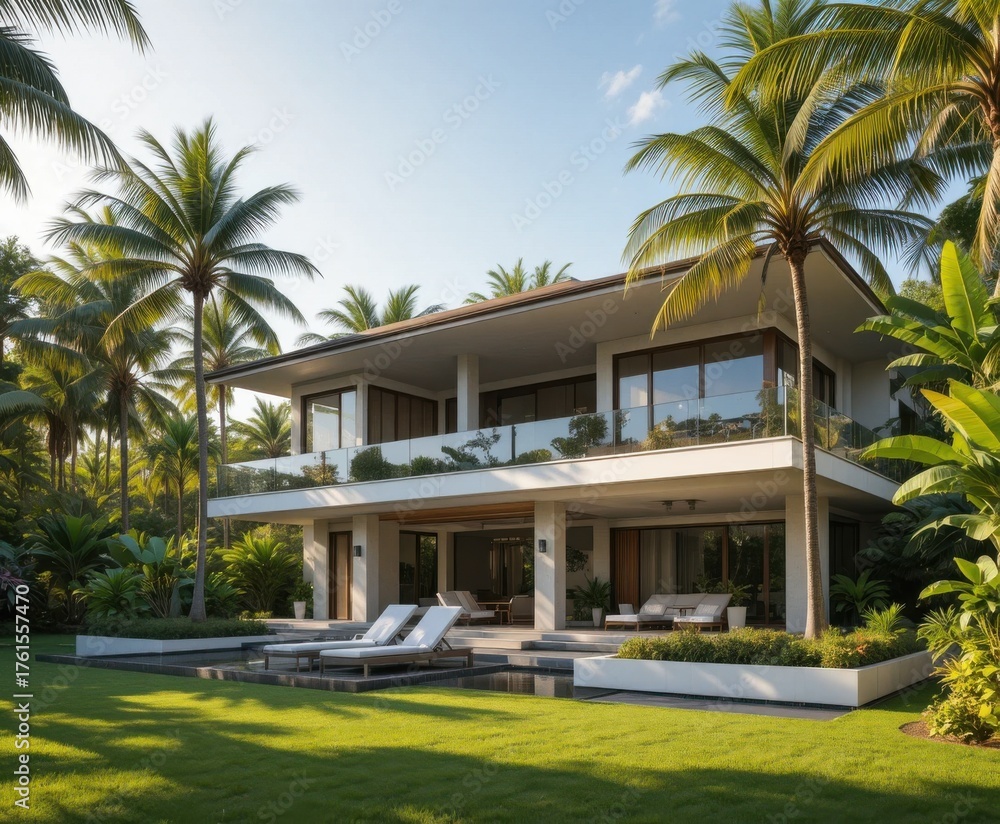 Fototapeta premium Modern Tropical Villa Surrounded by Palm Trees