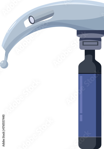 Medical laryngoscope with curved blade and handle emitting light, used for intubation procedures