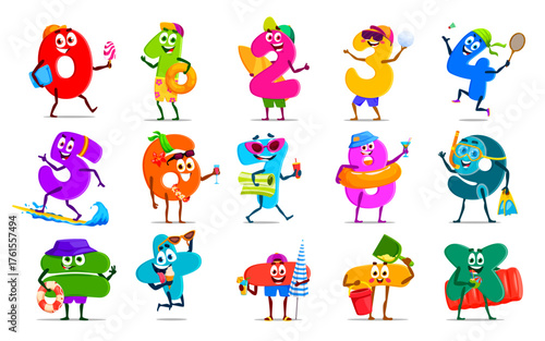 Cartoon math numbers and digits characters on summer vacation with sunglasses, beach balls, surfboards and drinks. Vector mathematics and arithmetic personages evoking a playful tropical holiday vibe