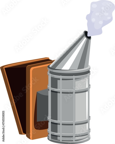 Bee smoker blowing smoke and beekeeping bellows isolated on white background, useful tool for beekeepers