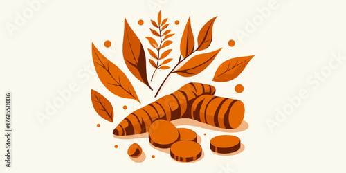 Vibrant illustration showcasing fresh turmeric roots and sliced pieces, elegantly arranged with autumn-inspired leaves, embodying natural health, exotic spices, and essential herbal.