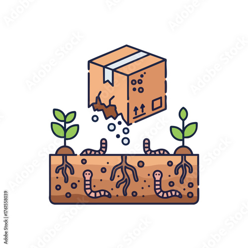 Worms in soil with seedlings and a broken package.