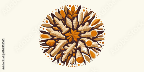 Golden turmeric root and herb mandala, a circular design symbolizing health and natural remedies