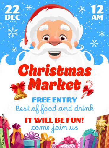 Christmas market flyer with funny Santa and his white beard and candy cane, golden bell, sack with gifts. Claus in red hat and costume on blue poster. Cartoon character season fair banner