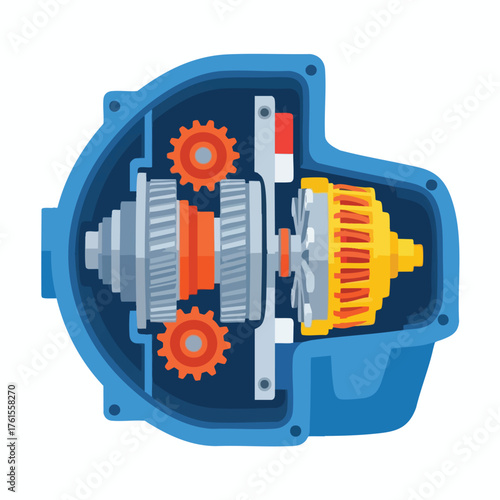Cutaway view of a blue mechanical device with gears and engine components.
