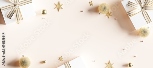 Christmas decorations with gift box on clean background. 3d rendering