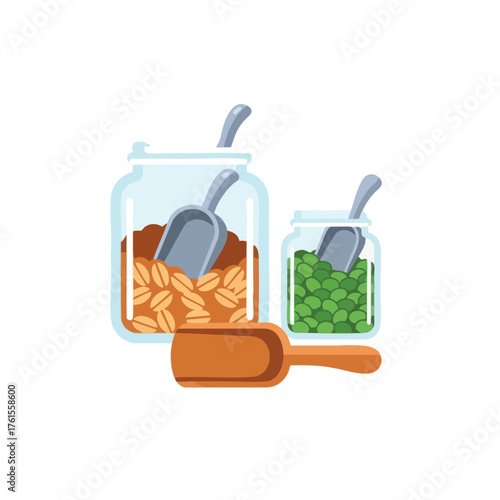 Two jars filled with dry goods and scoops, suggesting storage or preparation.