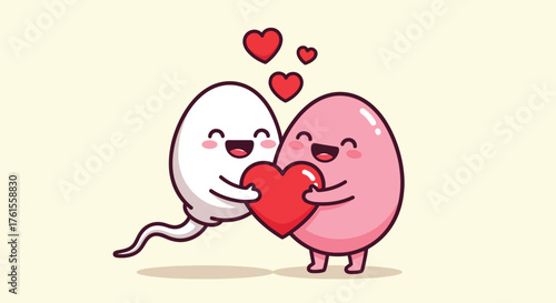 Adorable Cartoon Sperm and Egg Embracing a Heart.