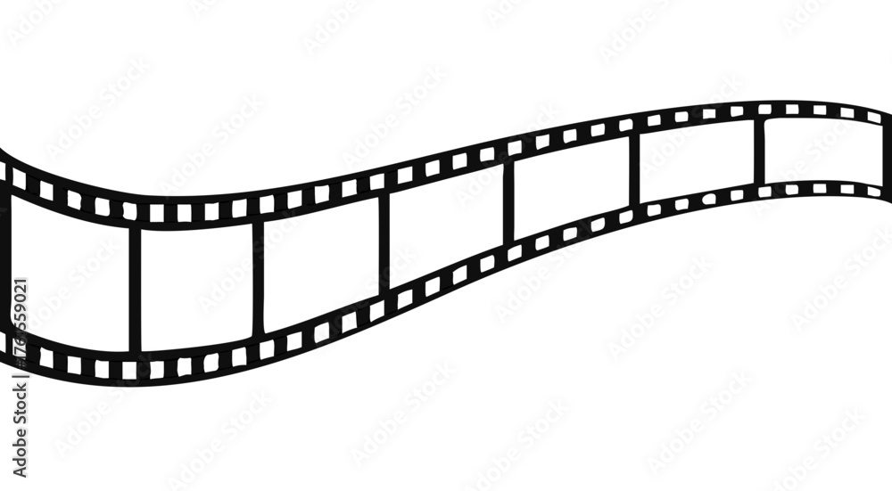 Fototapeta premium Film strip icon used for videography elements, Roll of retro film strip on isolated white background. Curved film strip icon. Cinema reel. Old white and black film tapes of 35mm. Vector illustration.