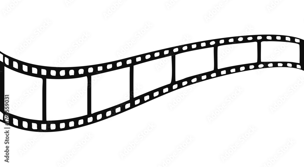 Fototapeta premium Film strip icon used for videography elements, Roll of retro film strip on isolated white background. Curved film strip icon. Cinema reel. Old white and black film tapes of 35mm. Vector illustration.