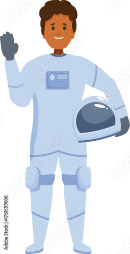 Astronaut waves while holding his helmet, ready for a spacewalk or mission