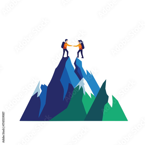 Two hikers reaching the summit of a mountain, shaking hands.