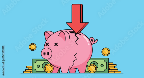 Broken Pink Piggy Bank with Falling Red Arrow and Money.
