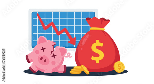 Broken Piggy Bank and Falling Stock Market Graph Illustrating Financial Loss.