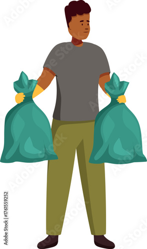 Volunteer wearing gloves holding two garbage bags, volunteering for a cleaner environment