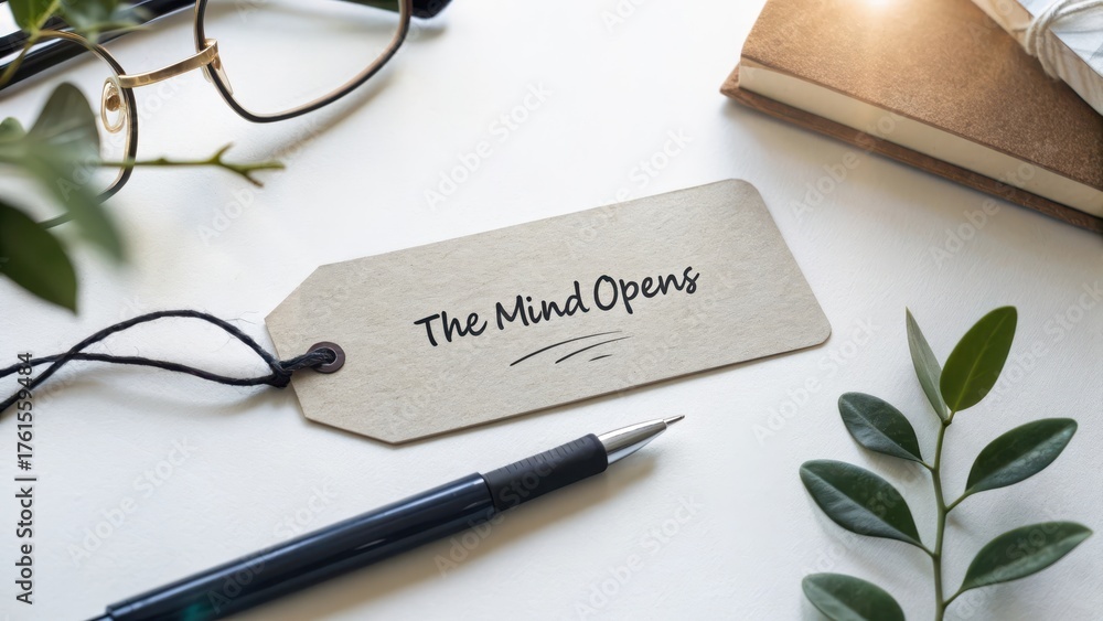 Fototapeta premium A tag with the phrase The Mind Opens on a white desk