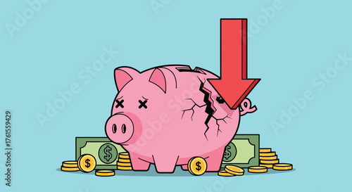 Broken Pink Piggy Bank with Red Downward Arrow and Money.
