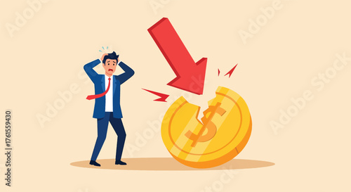 Businessman in distress as a large red arrow crashes into a broken golden coin.