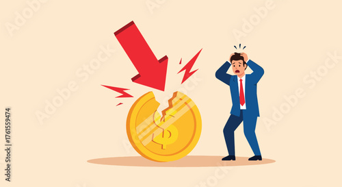 Businessman reacts in distress as a large red arrow crashes into and breaks a gold coin.
