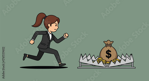 Businesswoman in pursuit of a money bag trapped in a bear trap.
