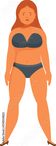 Cartoon illustration of a sad overweight woman standing and wearing underwear, promoting body positivity and self acceptance