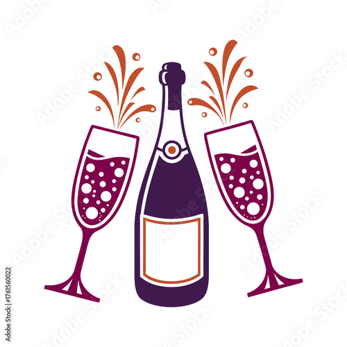 Stylized Champagne Toast Icon with Bottle and Flutes Champagne bottle and two flutes toasting stylized fizz bubbles