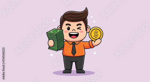Cheerful Cartoon Businessman Holding Stack of Money and Gold Coin
